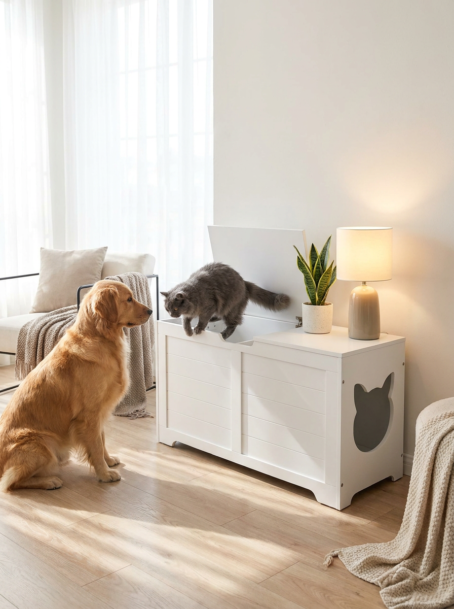 White litter box enclosure styled as an end table, cat hopping in through the top while a dog watches