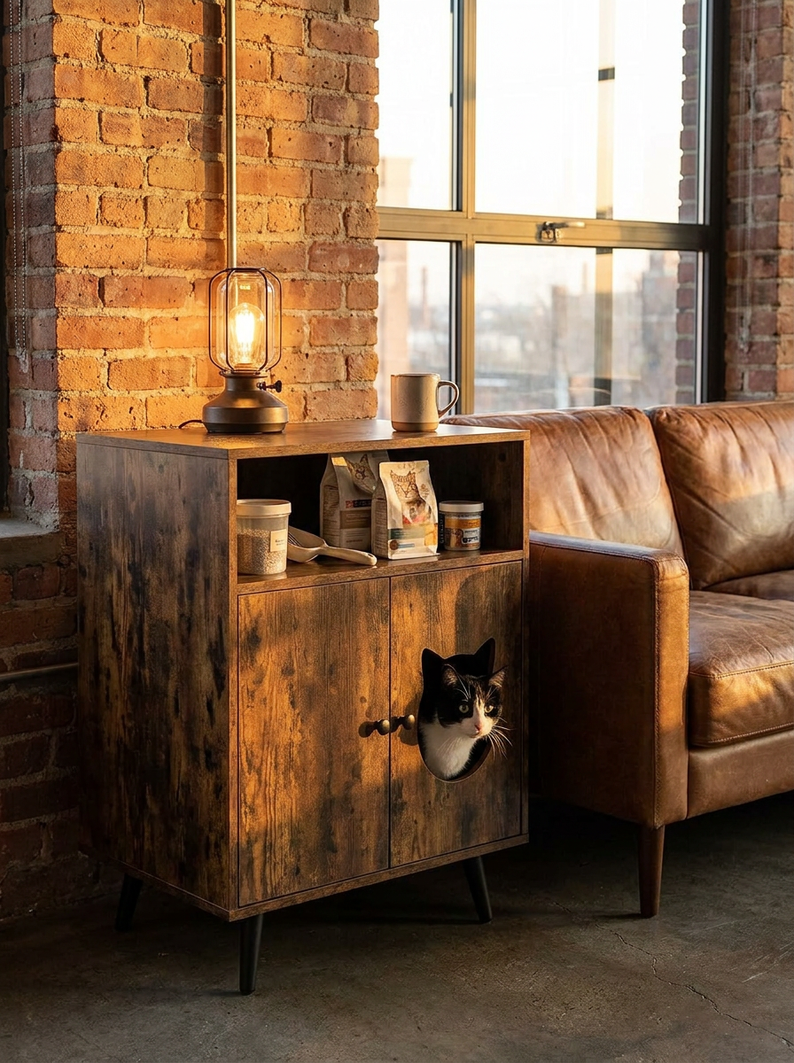 Rustic brown industrial litter box cabinet beside a leather couch, tuxedo cat peeking out of the cat-shaped door