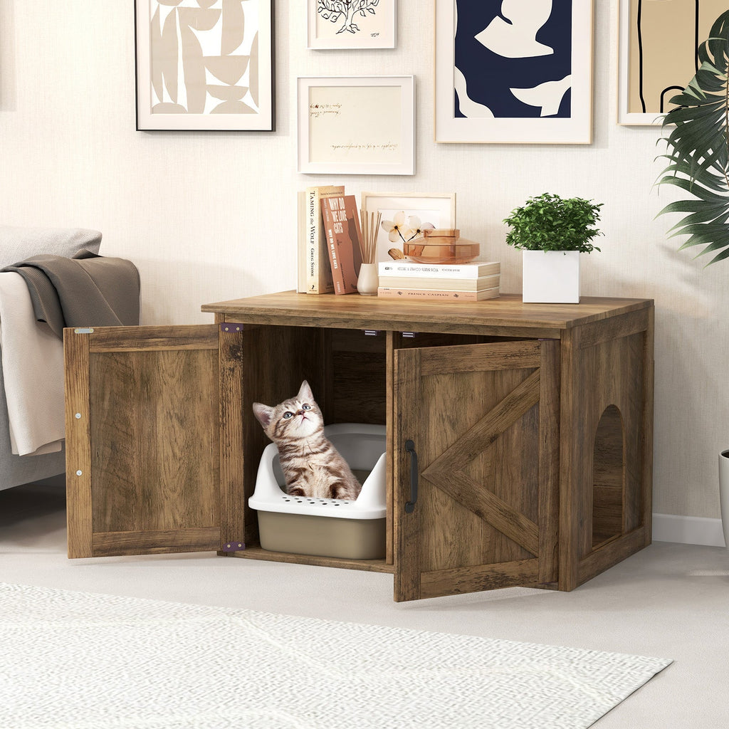 Flip Top Hidden Cat Washroom Furniture with Double Barn Doors and Removable Divider