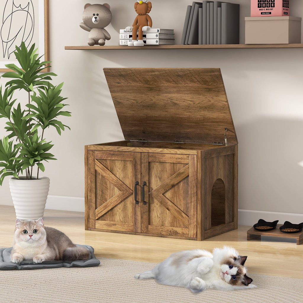 Flip Top Hidden Cat Washroom Furniture with Double Barn Doors and Removable Divider
