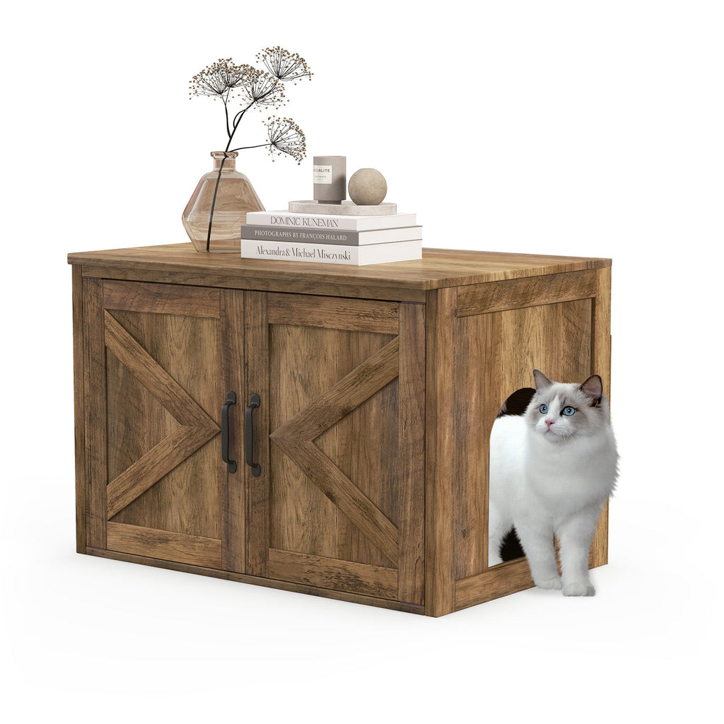 Flip Top Hidden Cat Washroom Furniture with Double Barn Doors and Removable Divider