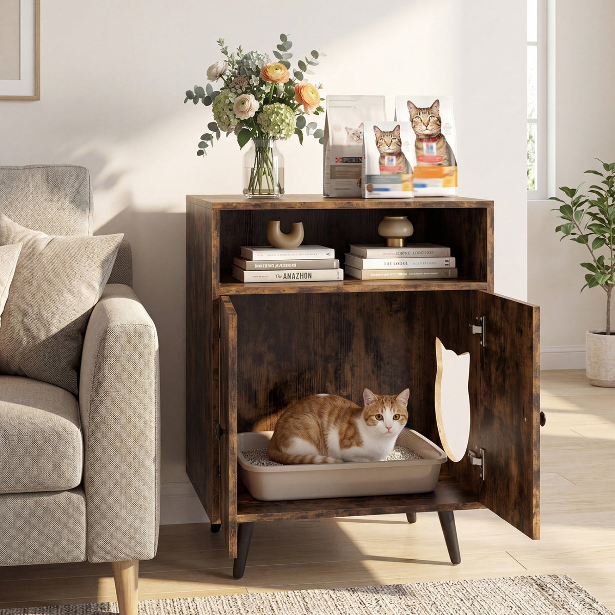 Industrial Litter Box Cabinet, Rustic Brown